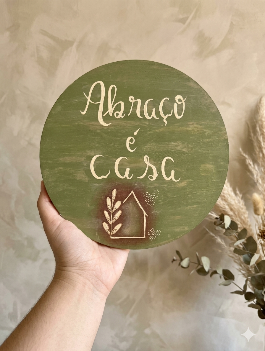 Placa Decorativa em Pinus Abraço é Casa 20cm com Suporte
