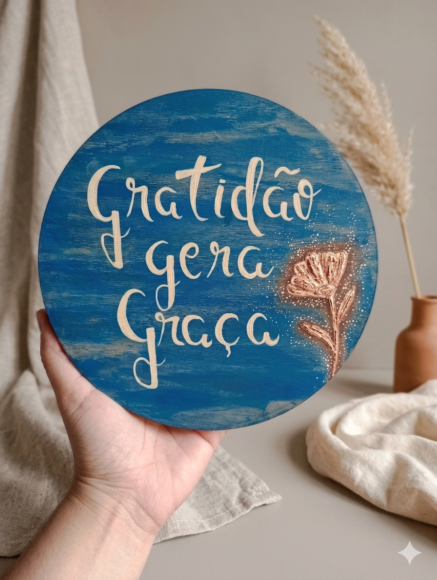 Quadro de Mesa Redondo Pinus 20cm Gratidão Gera Graça com Suporte