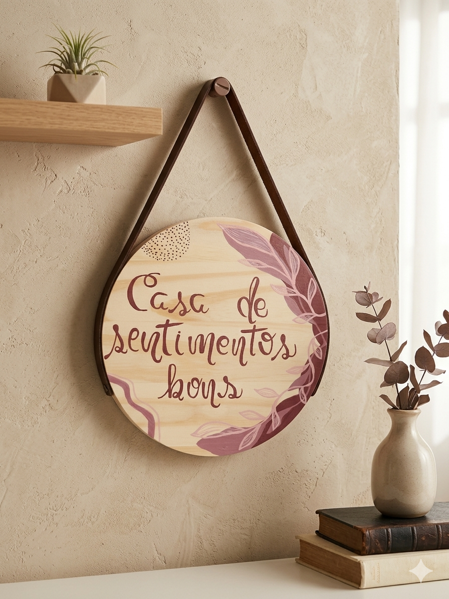 Placa Redonda Em Pinus Com Alça Pintada À Mão Decorativa