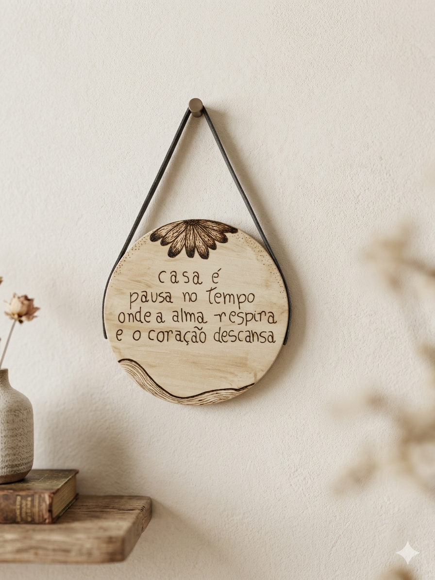 Placa Redonda Em Pinus Com Alça Pintada À Mão Decorativa