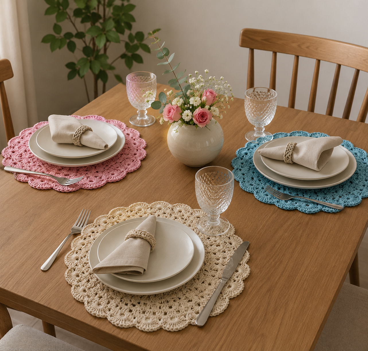 Toalhinha de Crochê Sousplat Mesa Posta Redondo Elegância 29cm