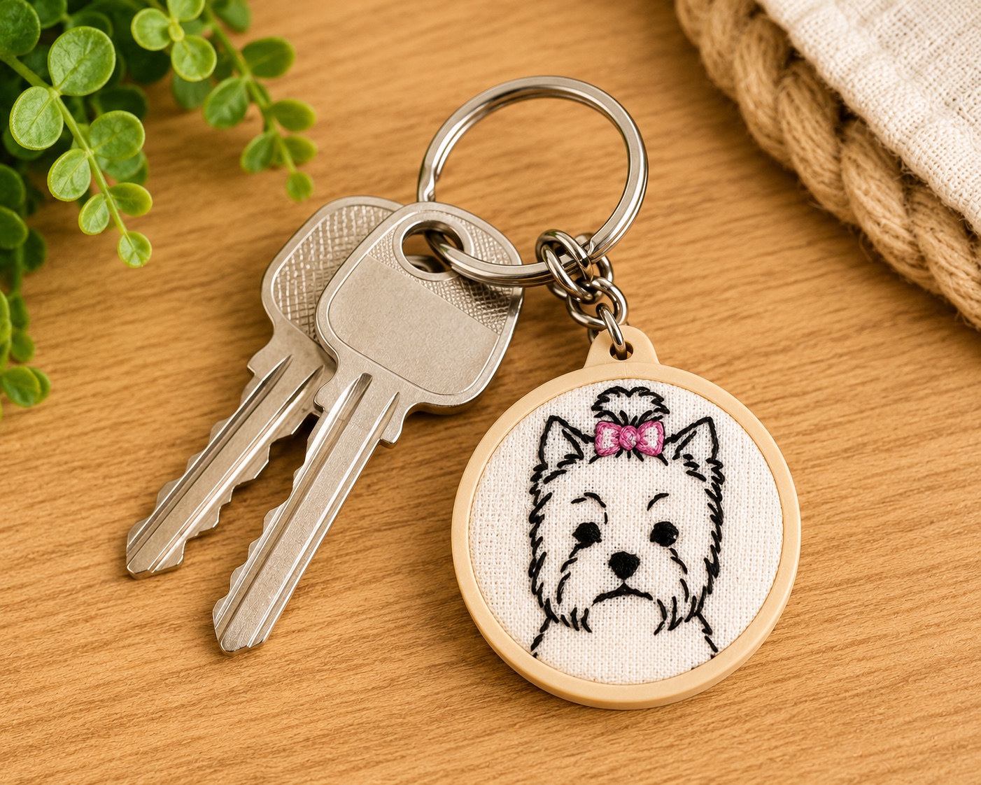 Chaveiro Mini Bastidor com Bordado Cãozinho Artesanal