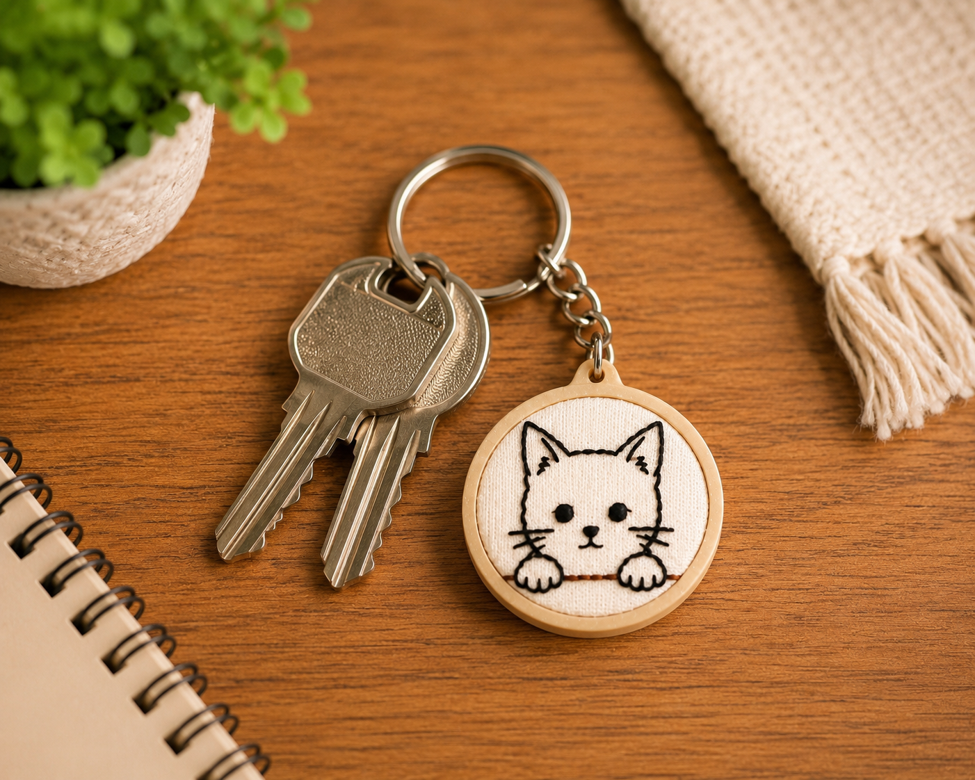 Chaveiro Mini Bastidor com Bordado Gatinho Artesanal