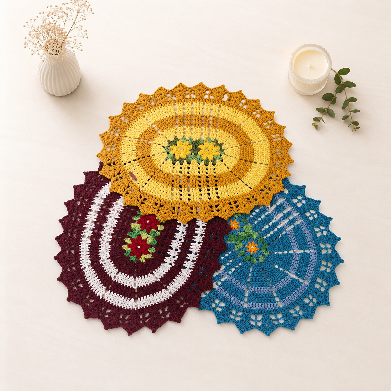 Tapete de crochê kit 03 tapetes multiuso oval decorativo para sua casa