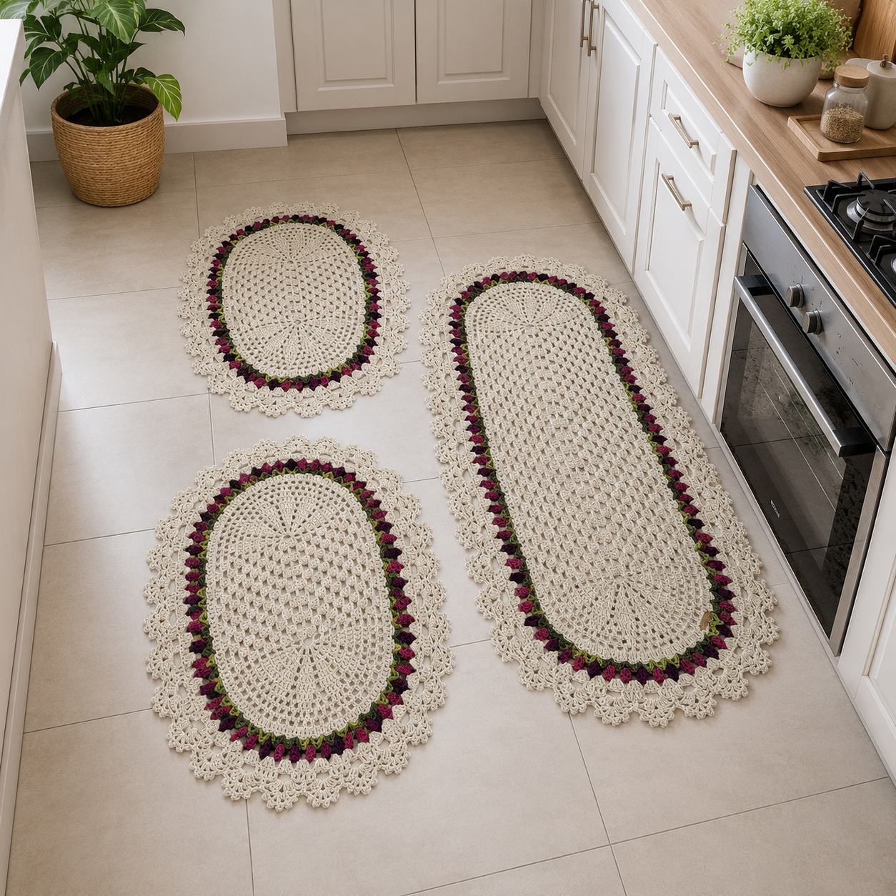 Conjunto de passadeira de crochê 03 peças Darla retangular decorativa para sua casa