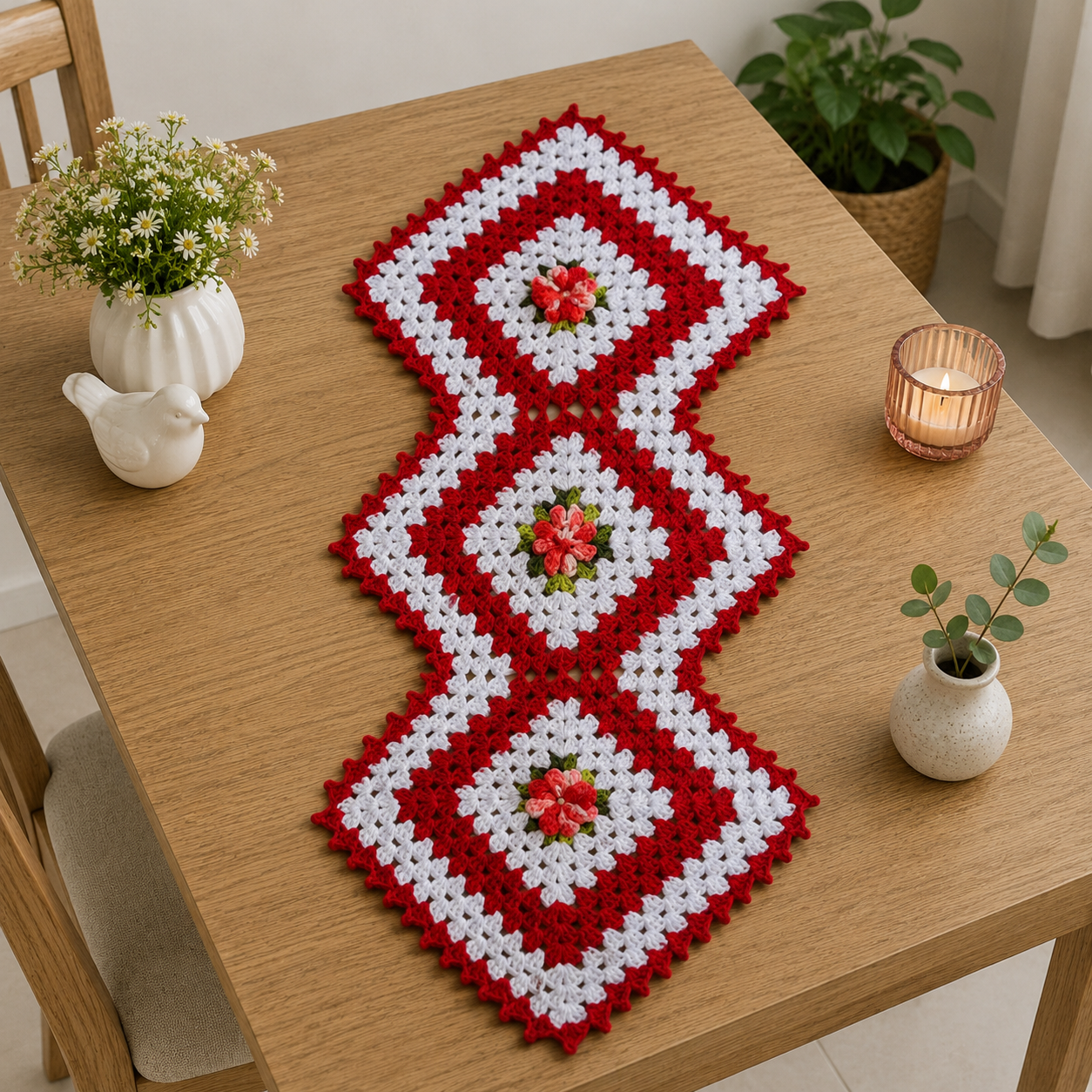 Trilho Caminho de Mesa 03 losangulo em crochê retangular decorativo para sua mesa
