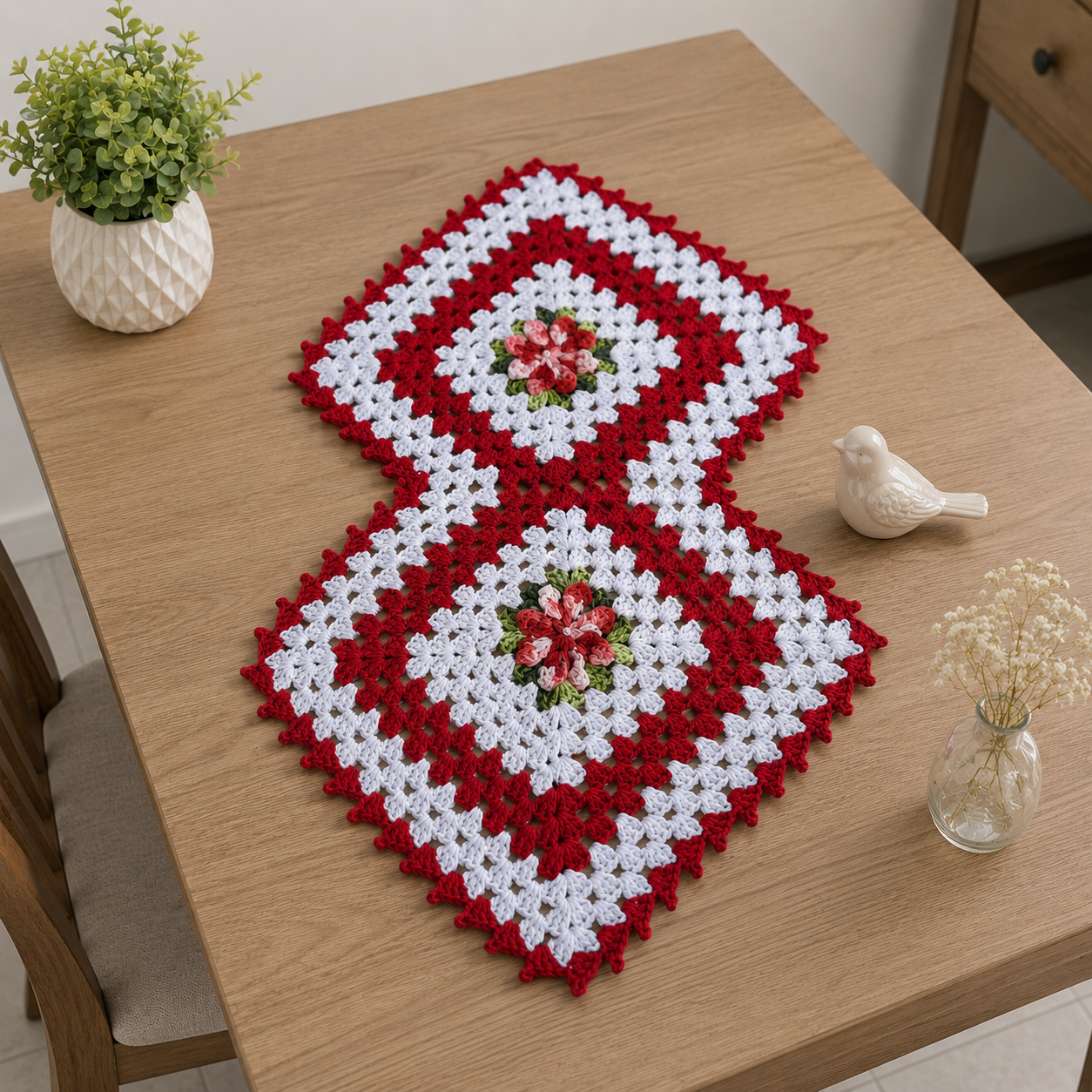 Trilho de mesa de crochê 02 losangulo retangular decorativo para sua mesa