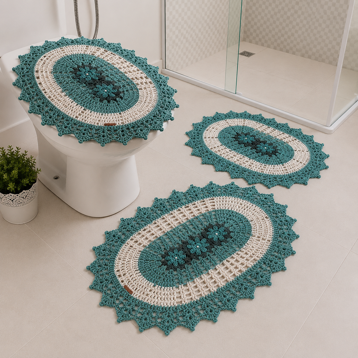 Conjunto de banheiro de crochê Mary 03 peças oval decorativa para seu banheiro