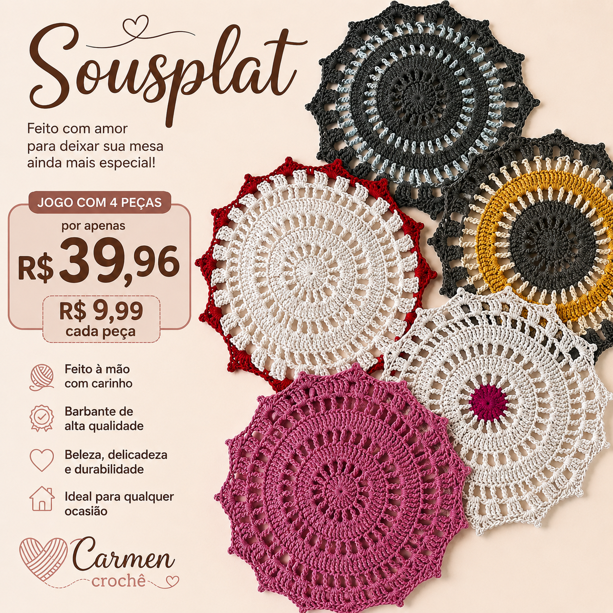 Souplast de crochê kit de 04 peças, elegância e delicadeza para sua mesa