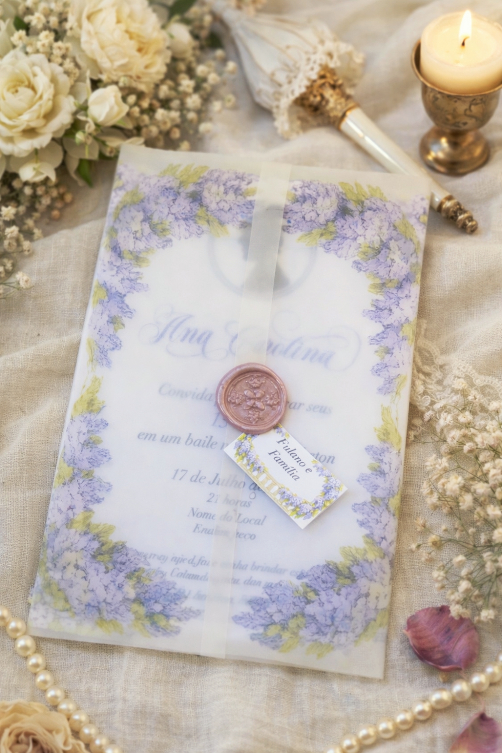 Convite 15 Anos Bridgerton Jornal Lady Whistledown com Lacre de Cera