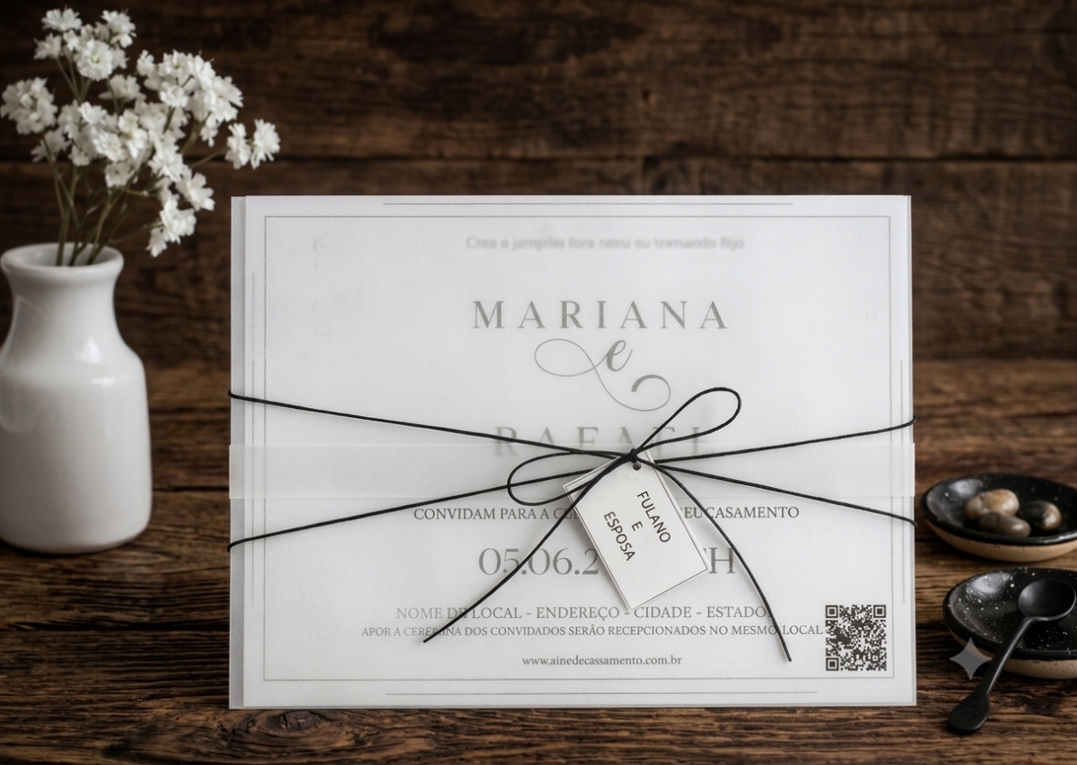 Convite de Casamento Minimalista Preto e Branco com Envelope Translúcido e Cordão