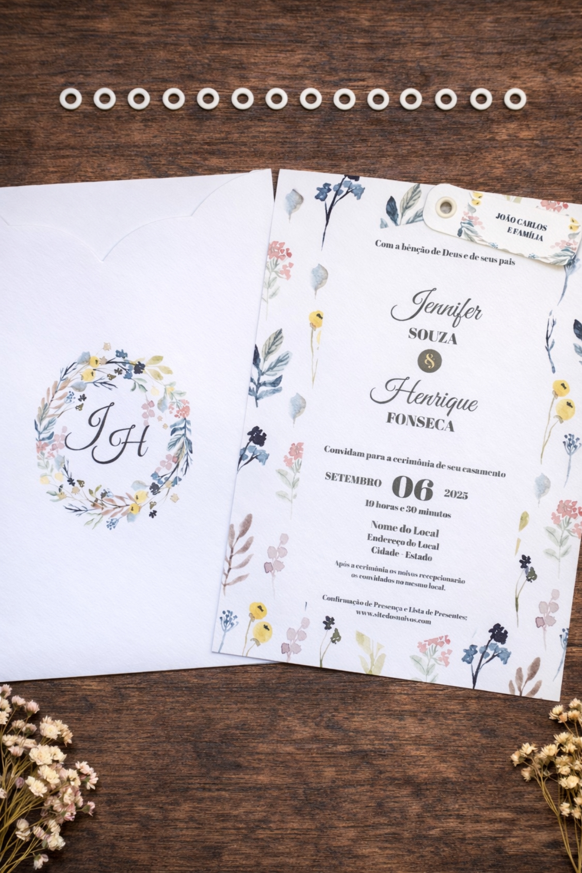 Convite de Casamento Flores do Campo com Envelope Luva e Tag Personalizada com Ilhós