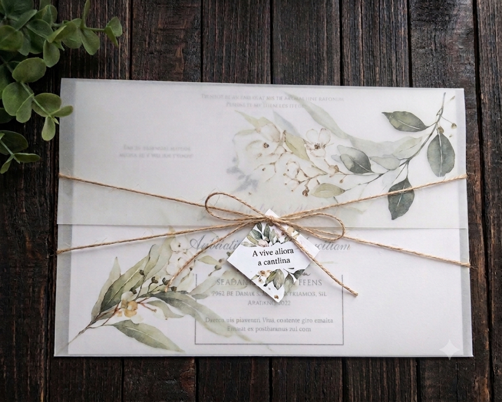 Convite de Casamento Papel Vegetal Verde e Dourado com Folhagens Convite de Casamento Papel Vegetal Verde e Dourado com