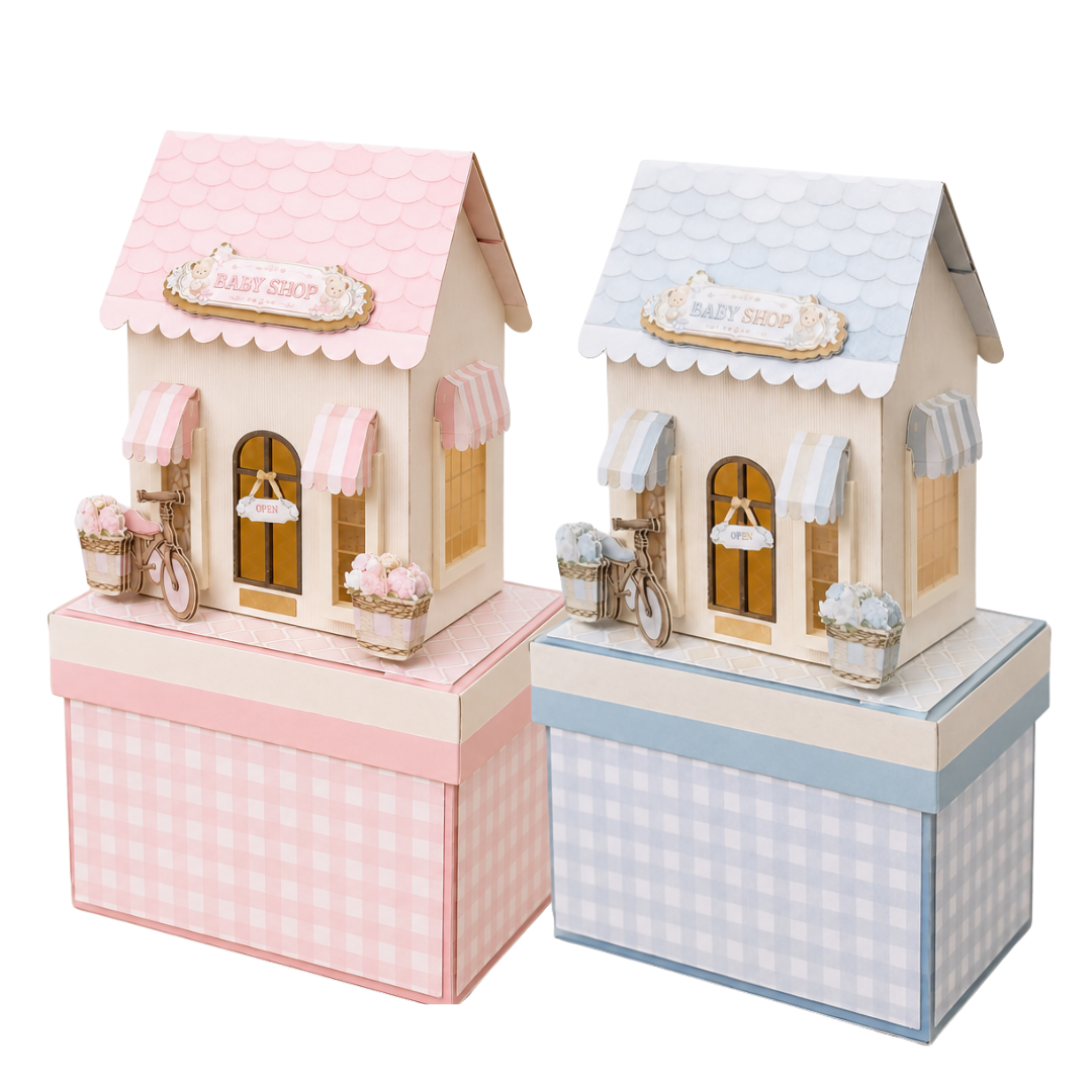 Caixa Cenário Luxo 3D Casinha com LED 15x15x10cm - Personalizados Maternidade e Festa