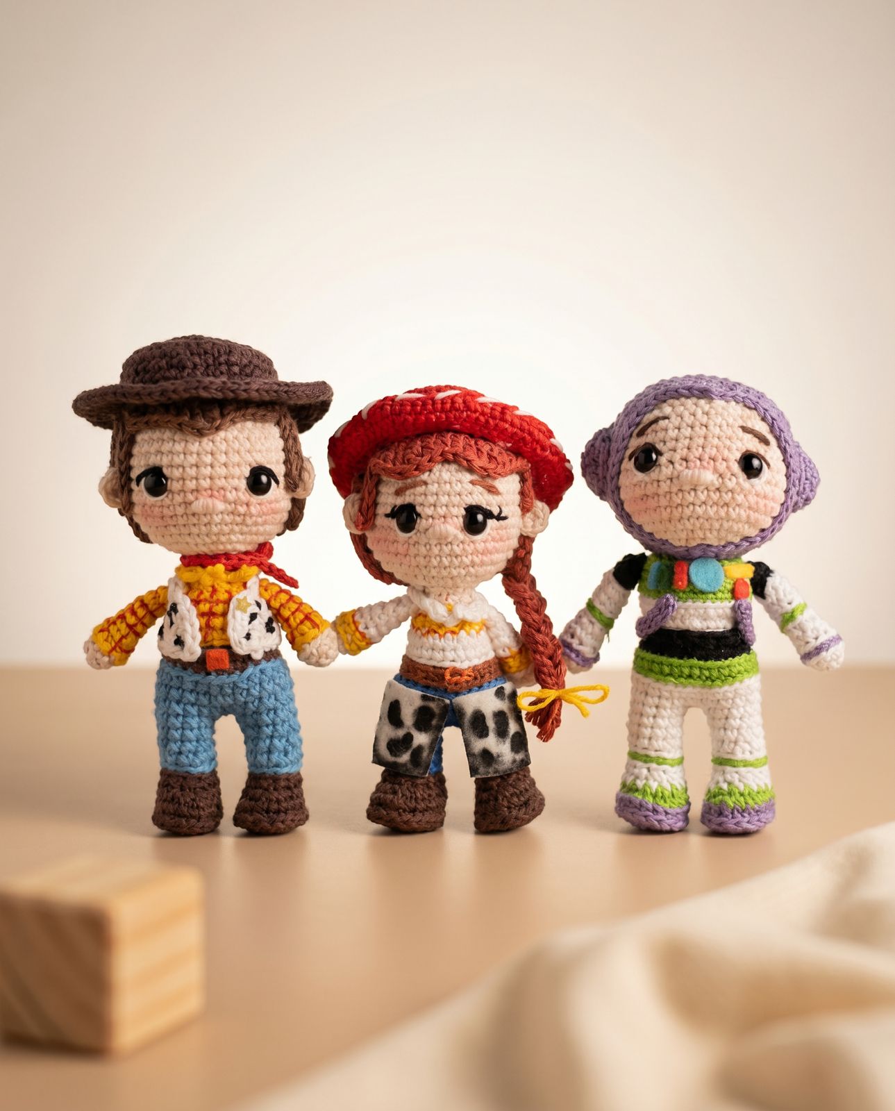 Kit Trio Amigurumi Toy Story – Woody, Jessie e Buzz Lightyear (Feito à Mão)