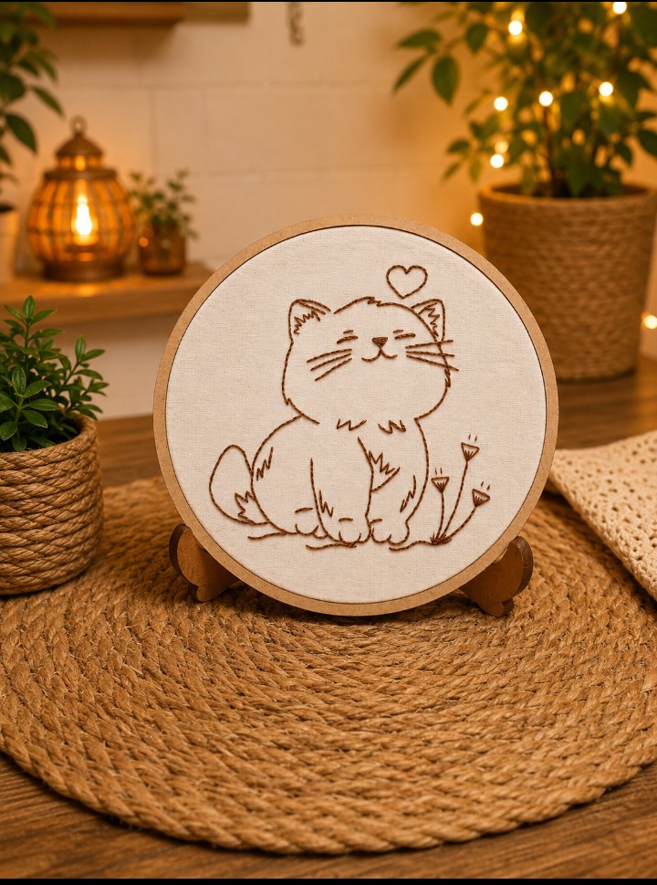Bastidor bordado à mão - gatinho feliz