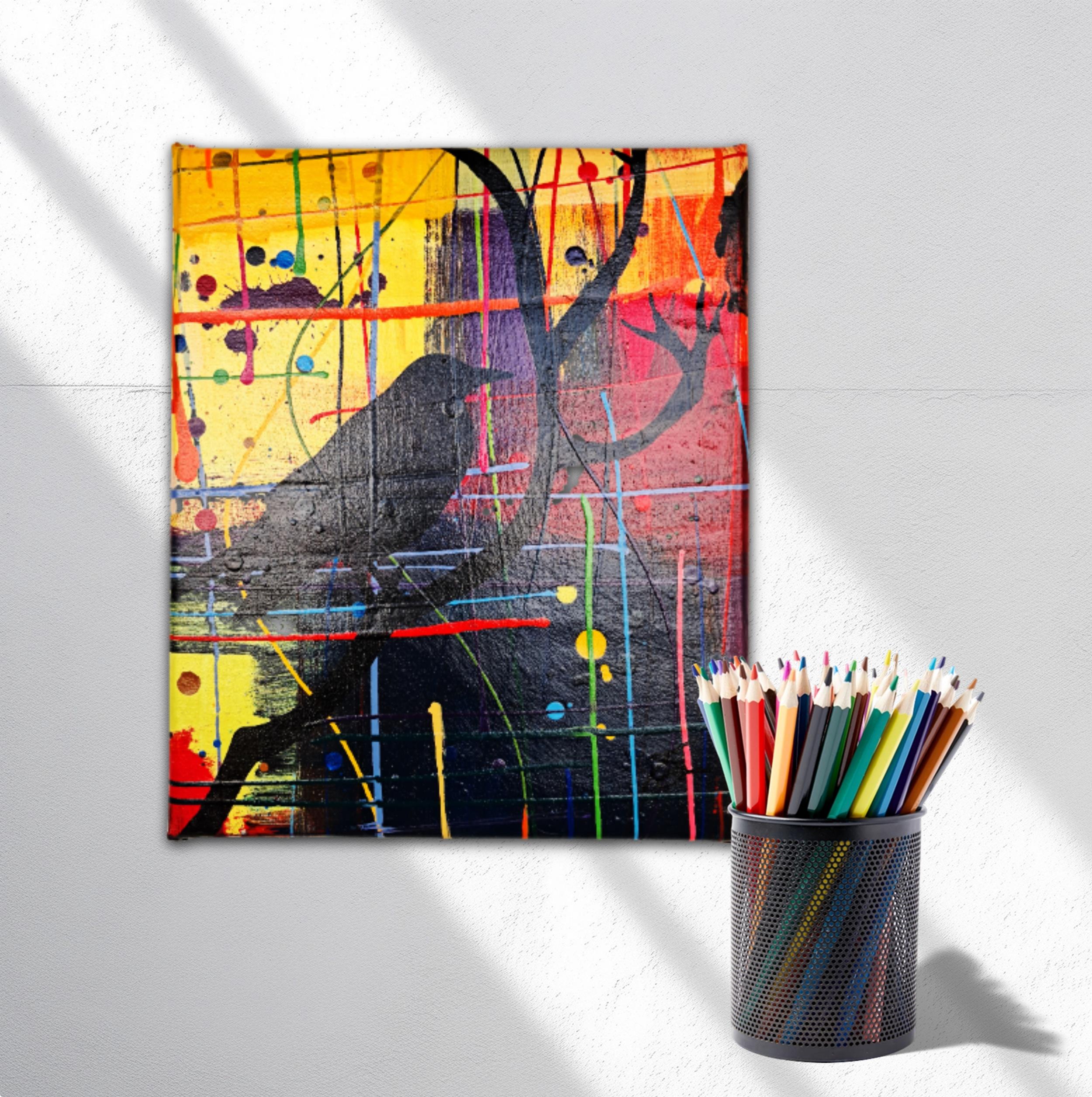 Mini quadro único Decorativo de Pássaro preto Em fundo Abstrato em acrilico