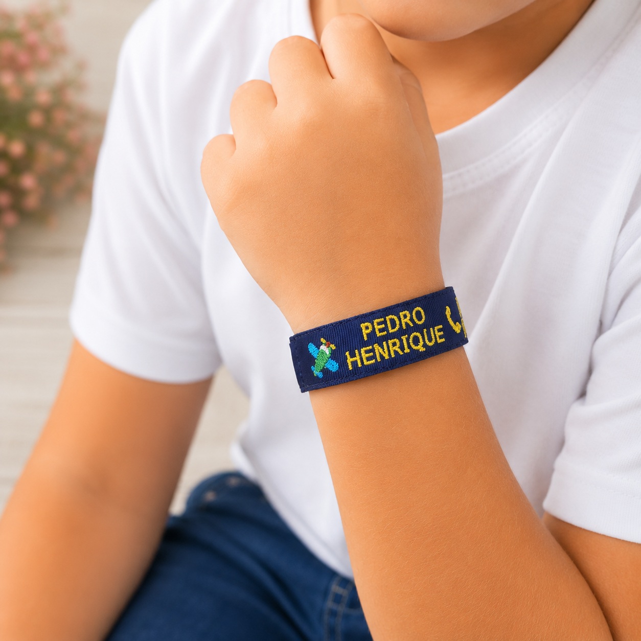 Pulseira de Identificação Infantil Personalizada com Nome e Telefone Ajustável e Confortável Azul Marinho