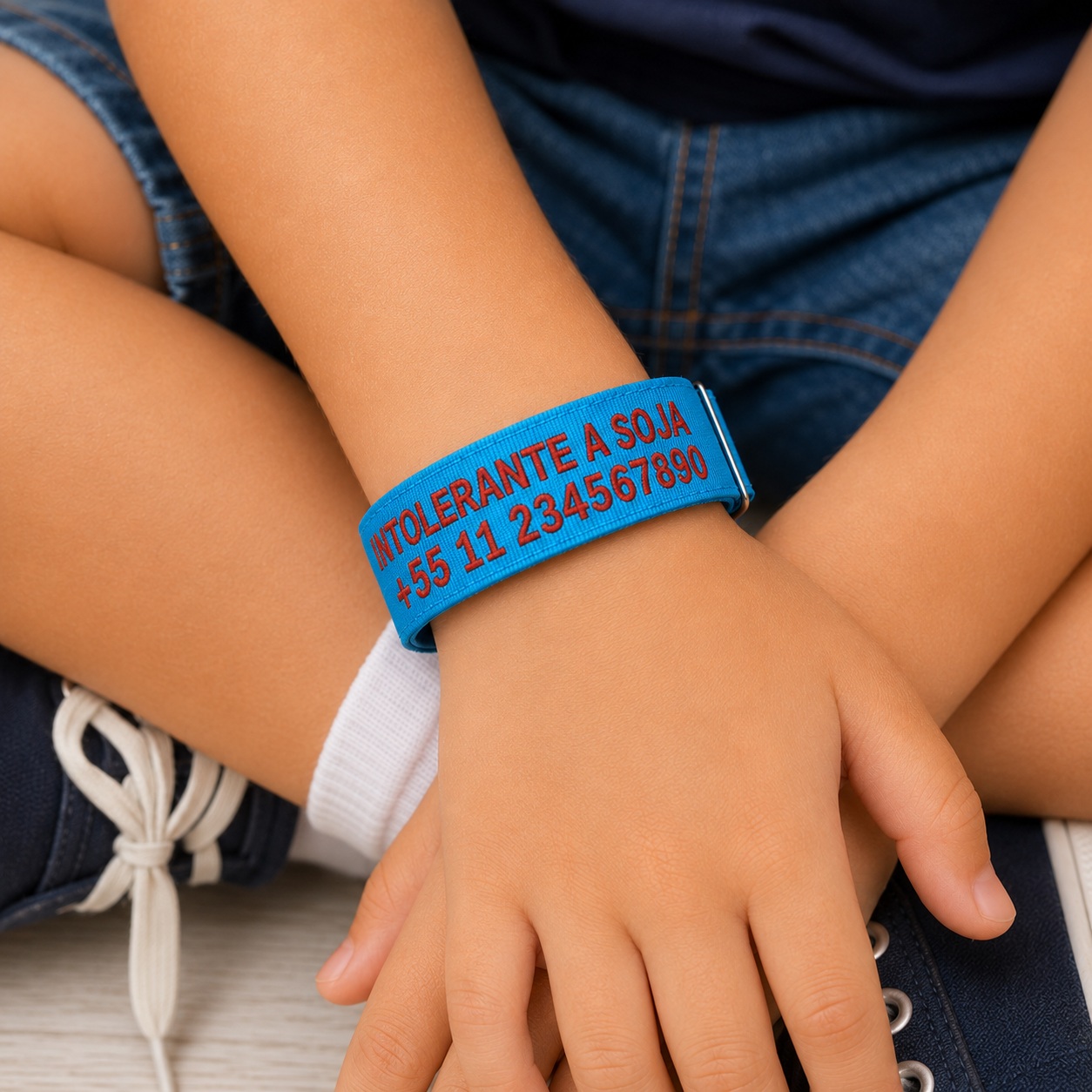 Pulseira de Identificação Infantil Personalizada com Nome e Telefone Ajustável e Confortável Azul Turquesa