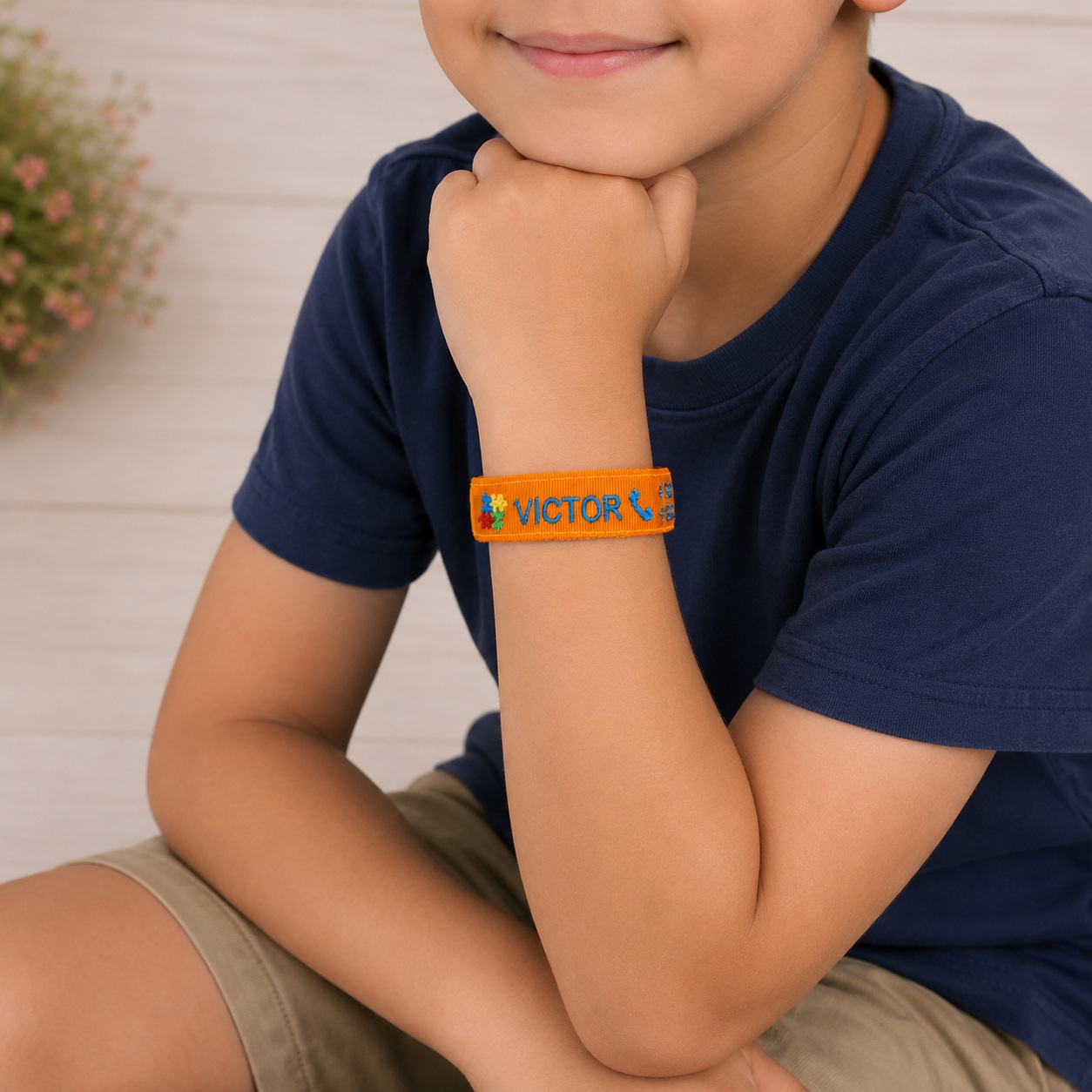 Pulseira de Identificação Infantil Personalizada com Nome e Telefone Ajustável e Confortável Laranja