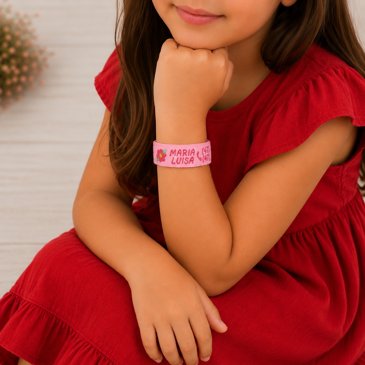 Pulseira de Identificação Infantil Personalizada com Nome e Telefone Ajustável e Confortável Rosa Claro