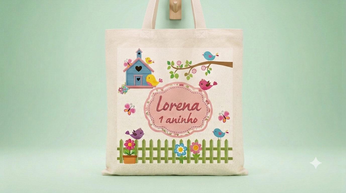 Mini Ecobag Personalizada para lembrancinhas 20x20 cm Passarinhos Jardim Encantado
