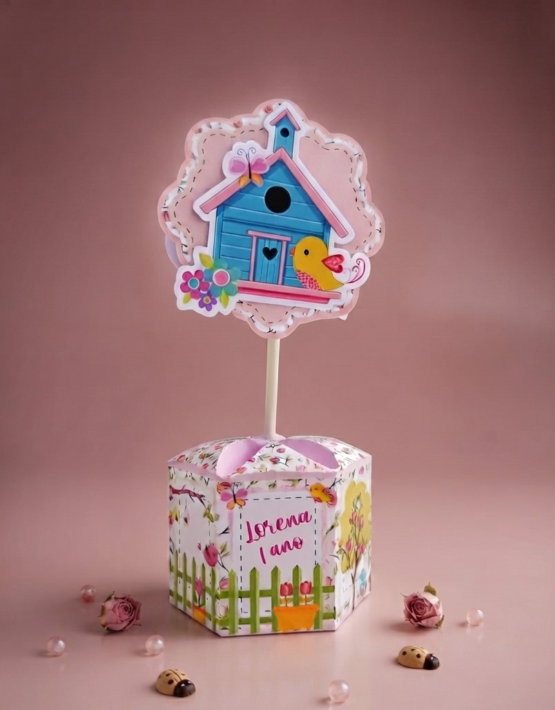 Caixinha centro de mesa personalizada para festa Tema Passarinho Jardim encantado (Compre e Monte)