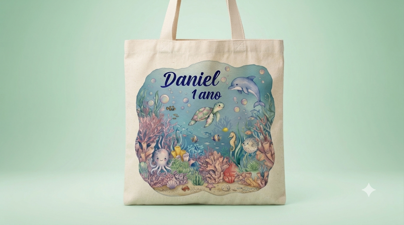 Mini Ecobag Personalizada para lembrancinhas 20x20 cm Fundo do mar aquarela