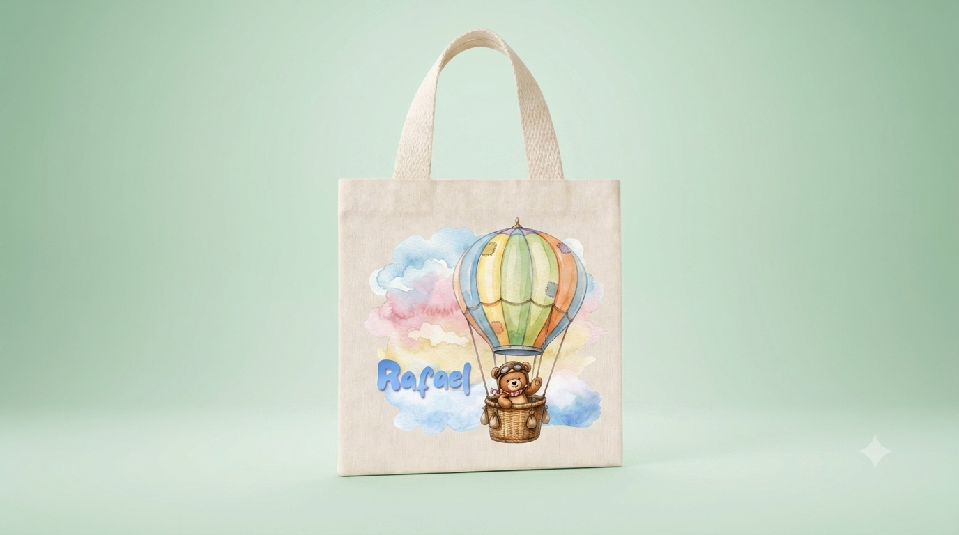 Mini Ecobag Personalizada para lembrancinhas 20x20 cm Ursinho no Balão