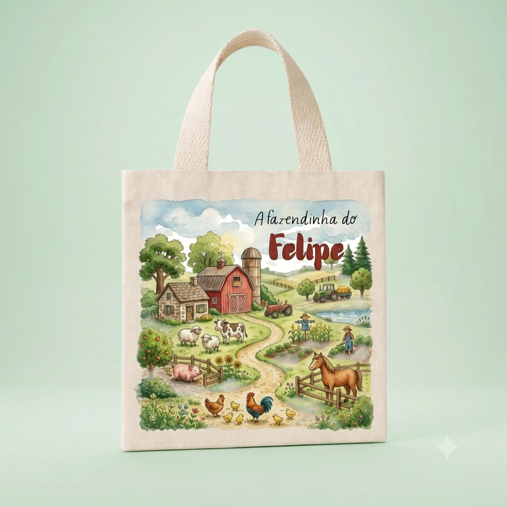 Mini Ecobag Personalizada para lembrancinhas 20x20 cm Fazendinha Aquarela