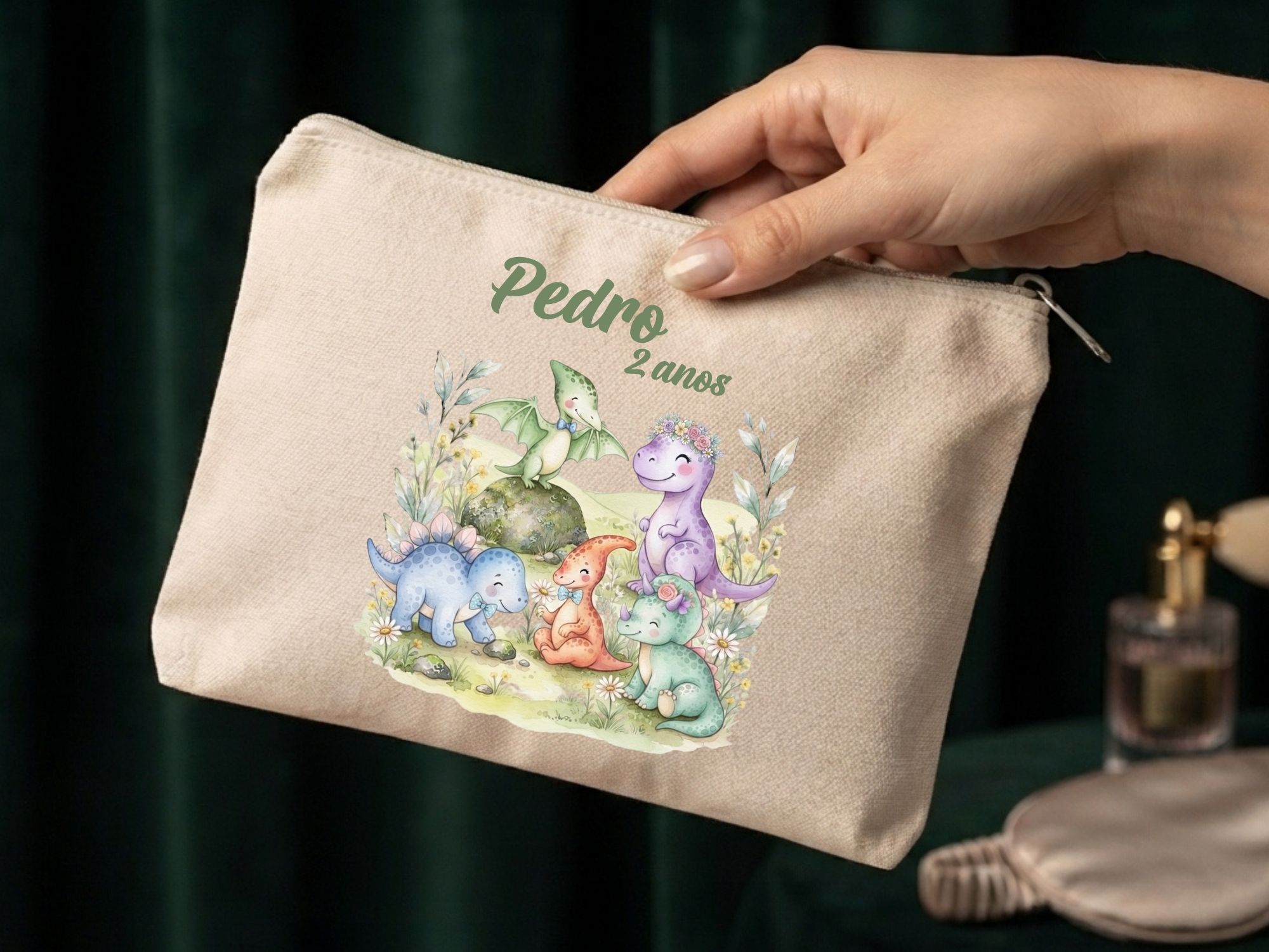 Lembrancinha Nécessaire Personalizada Algodão Cru 20x15 Estampa DTF Dino Baby