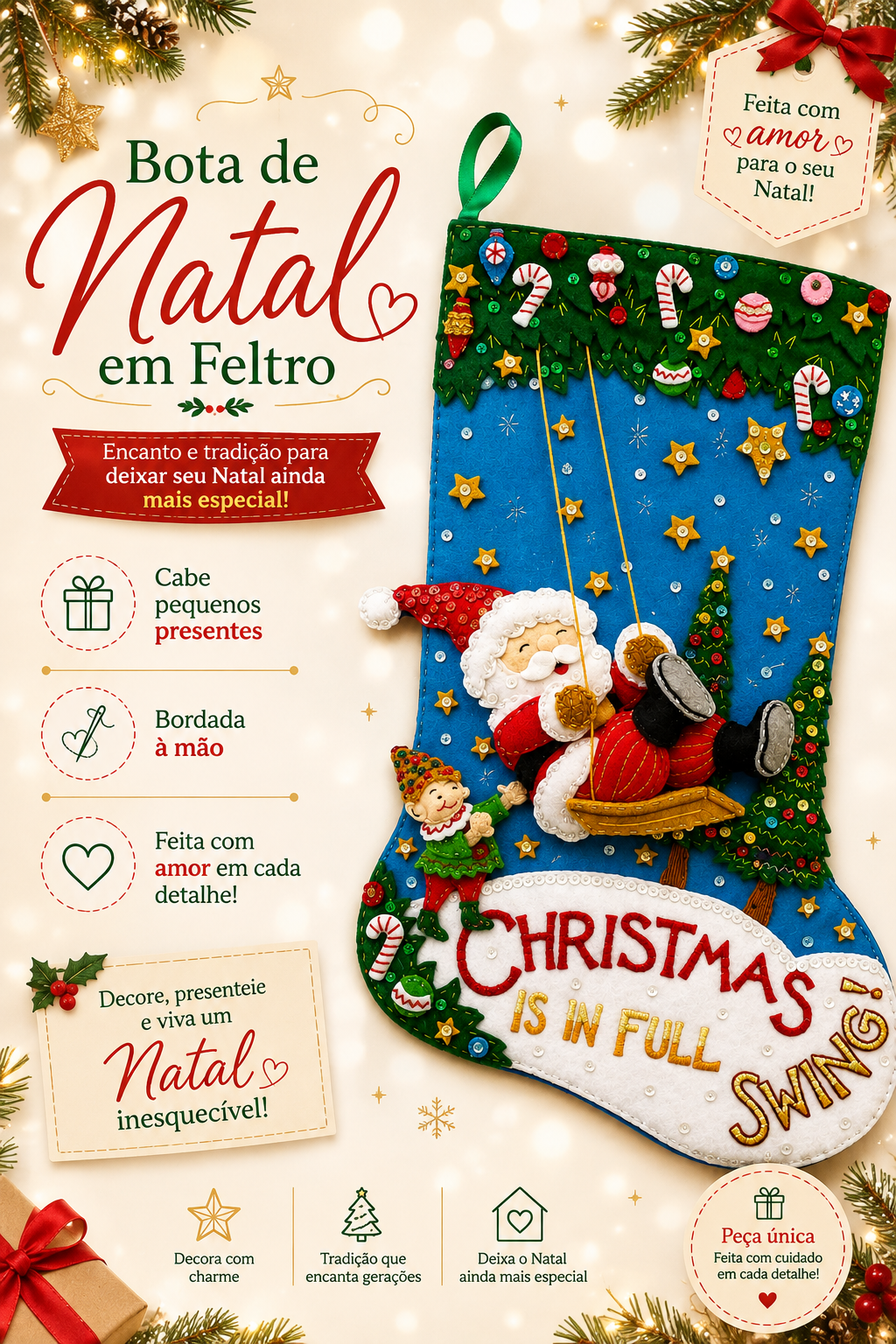Decoração Bota de Natal em Feltro - Papai Noel no Balanço