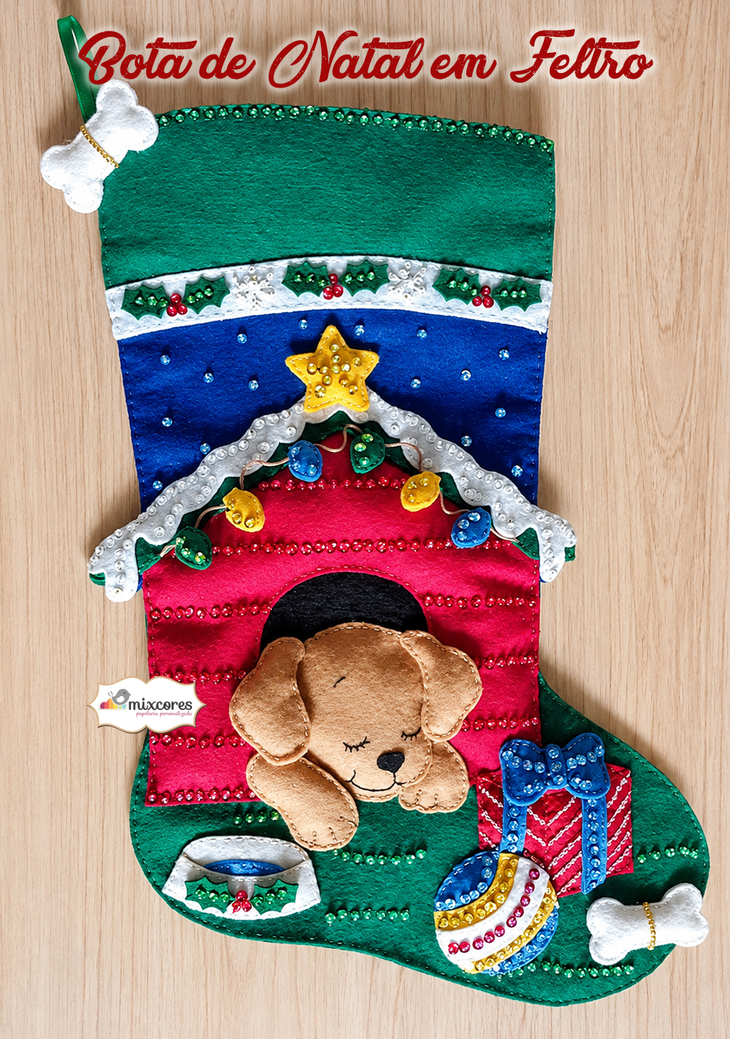 Decoração Bota de Natal em Feltro - Cachorrinho