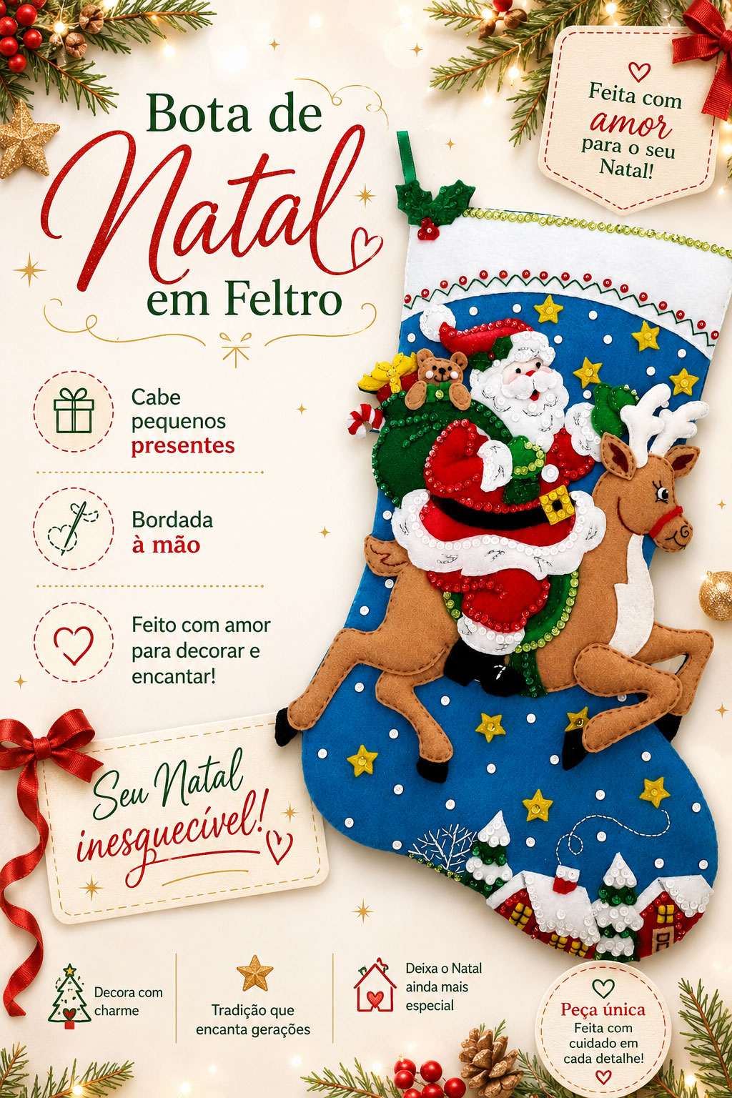 Decoração de Natal | Bota de Natal em Feltro Papai Noel | Lojas, Vitrines, Festas e Eventos