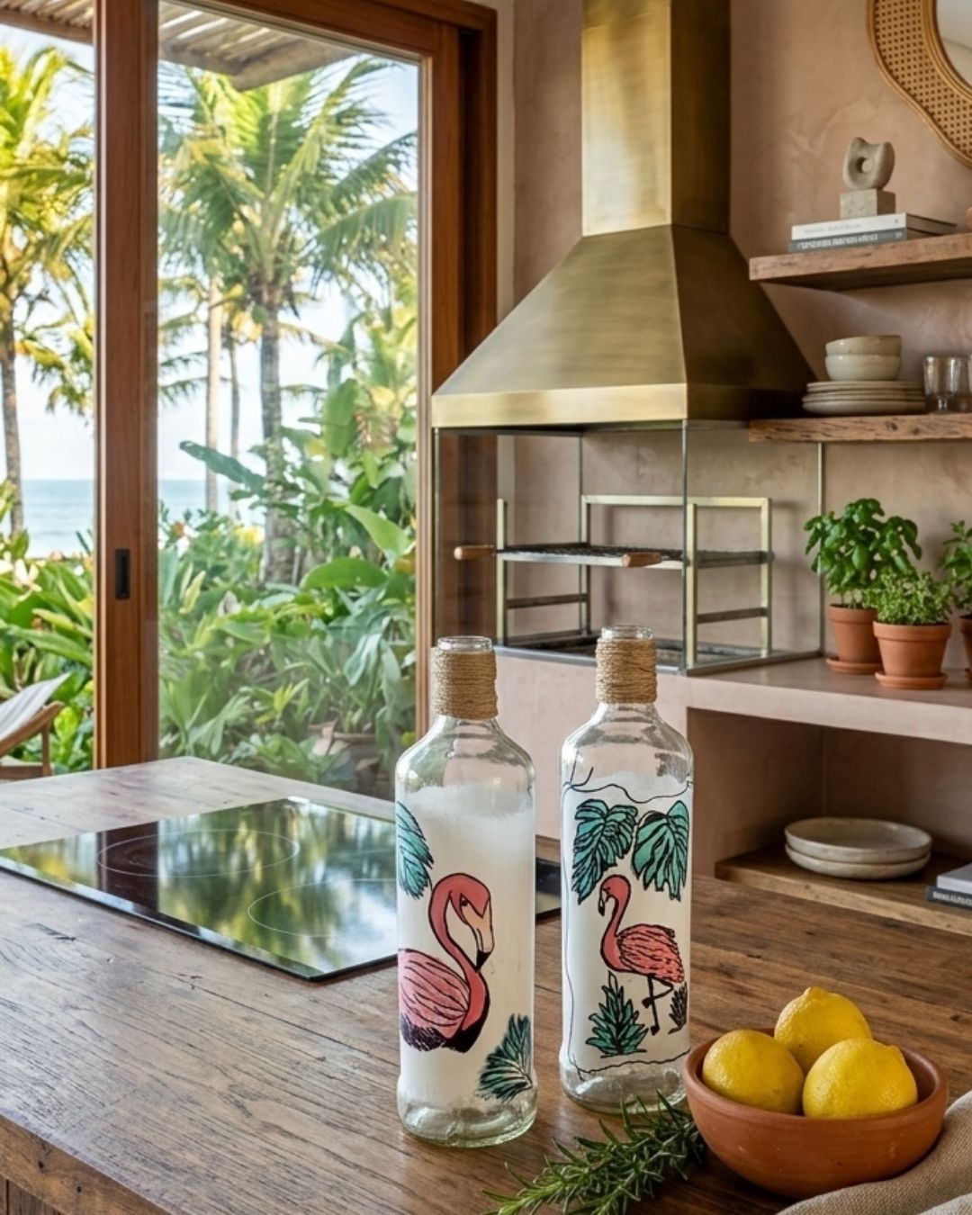 Dueto Costeiro Garrafas Decorativas Pintada à Mão - Flamingo