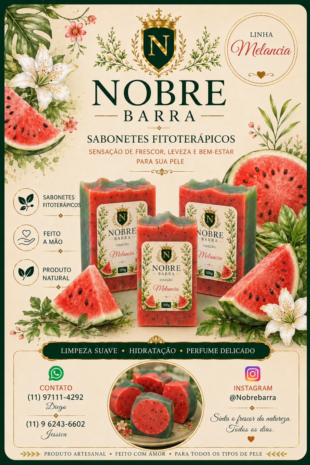 Sabonete artesanal, Sabonete Fitoterápico, Sabonete Glicerinado, Sabonete de MELANCIA, Sabonete feito a Mão, Natural