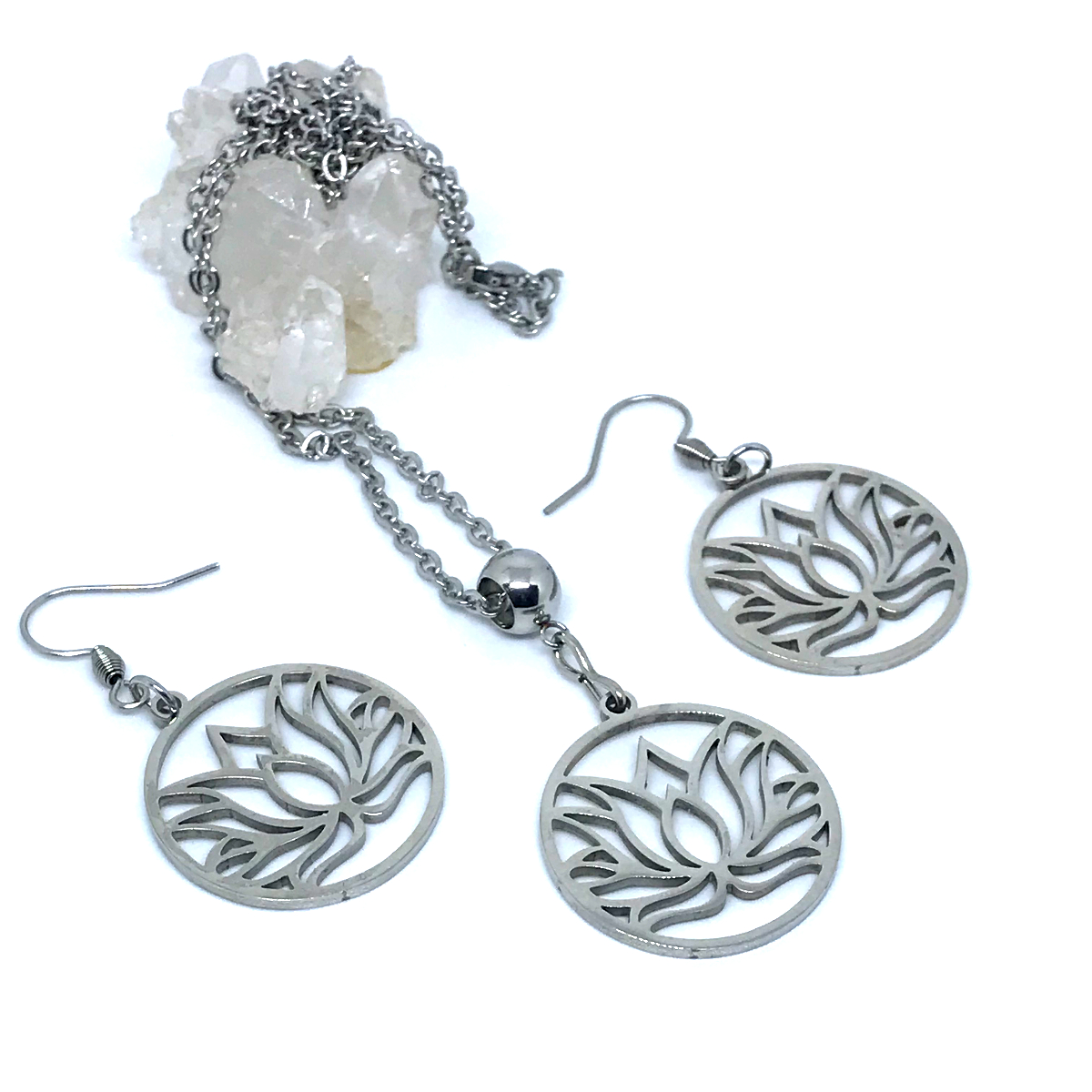 Conjunto Corrente com Pingente e Brincos Flor de Lótus Aço Inox Antialérgico
