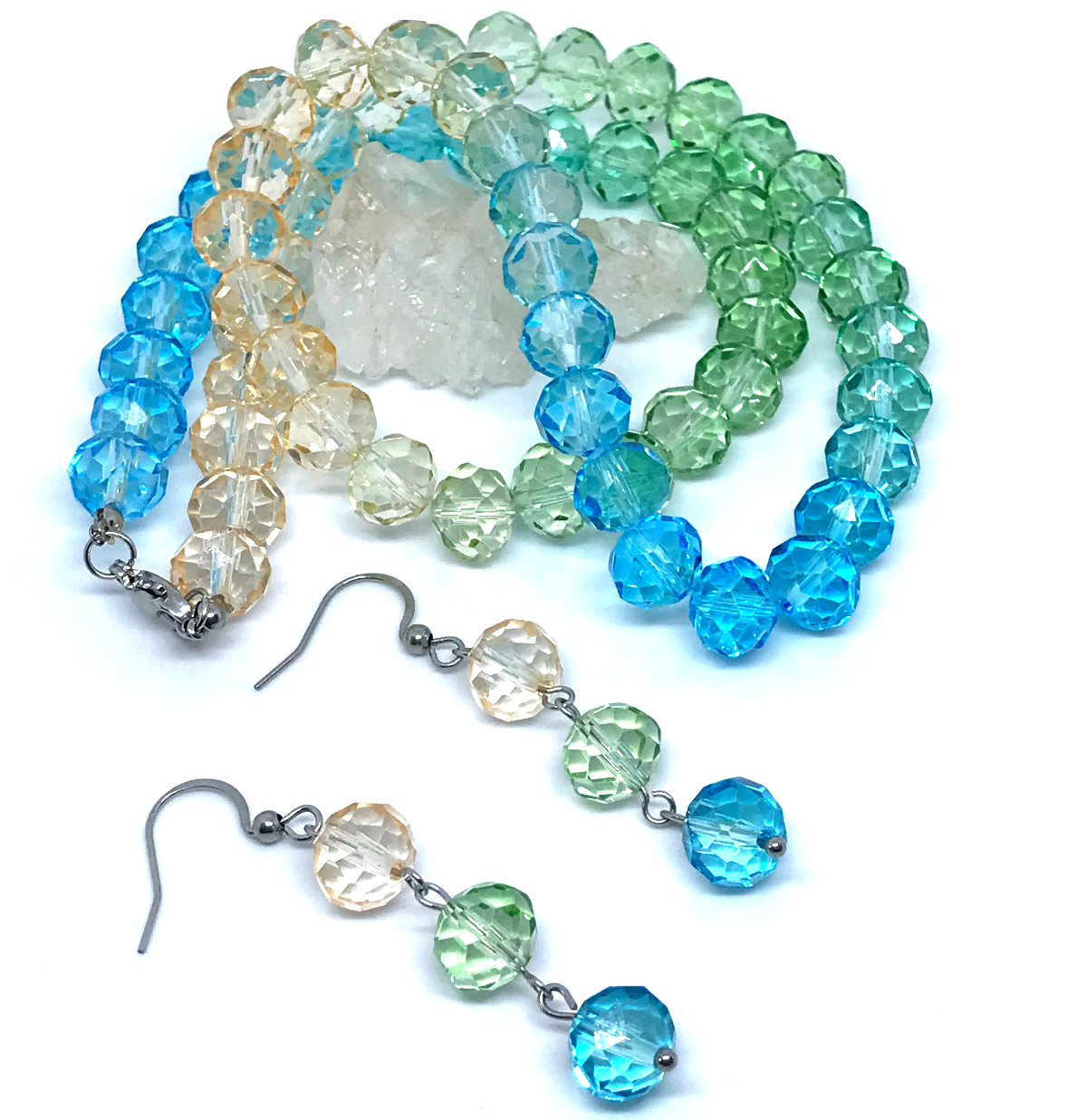 Conjunto Colar e Brincos Cristal Tie-Dye 10mm e Aço Inox