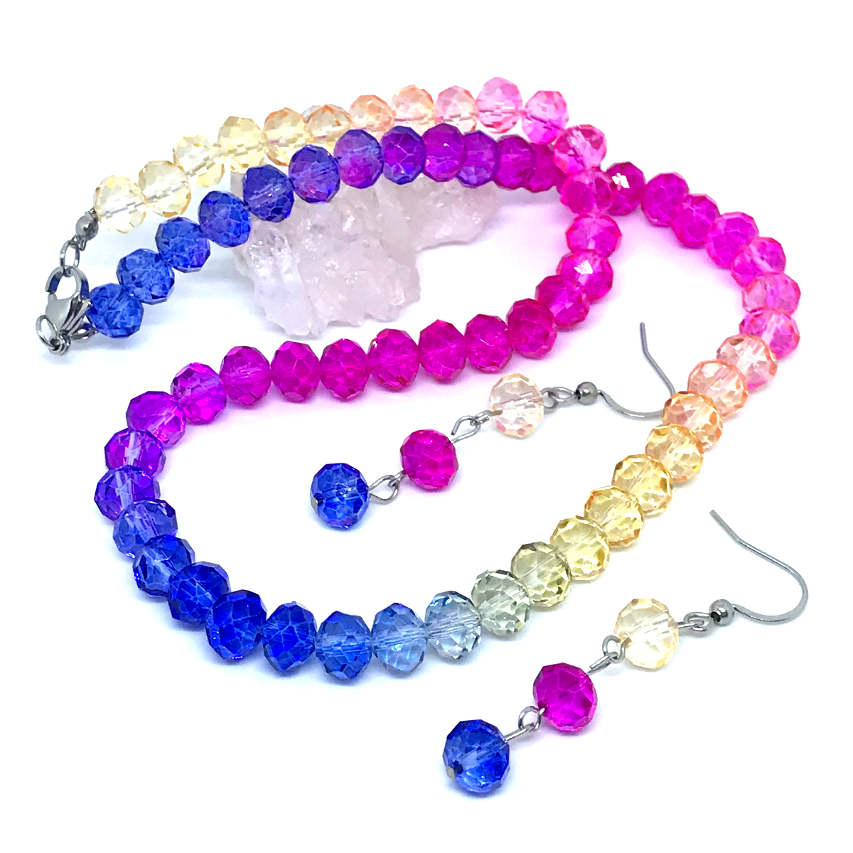 Conjunto Colar e Brincos Cristal Tie Dye 8mm Cores Vibrantes Aço Inox