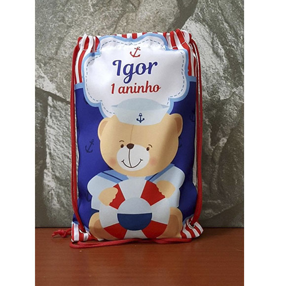 Mochilinha Mochila Sacolinha Personalizada Urso Ursinho Marinheiro 18x28cm