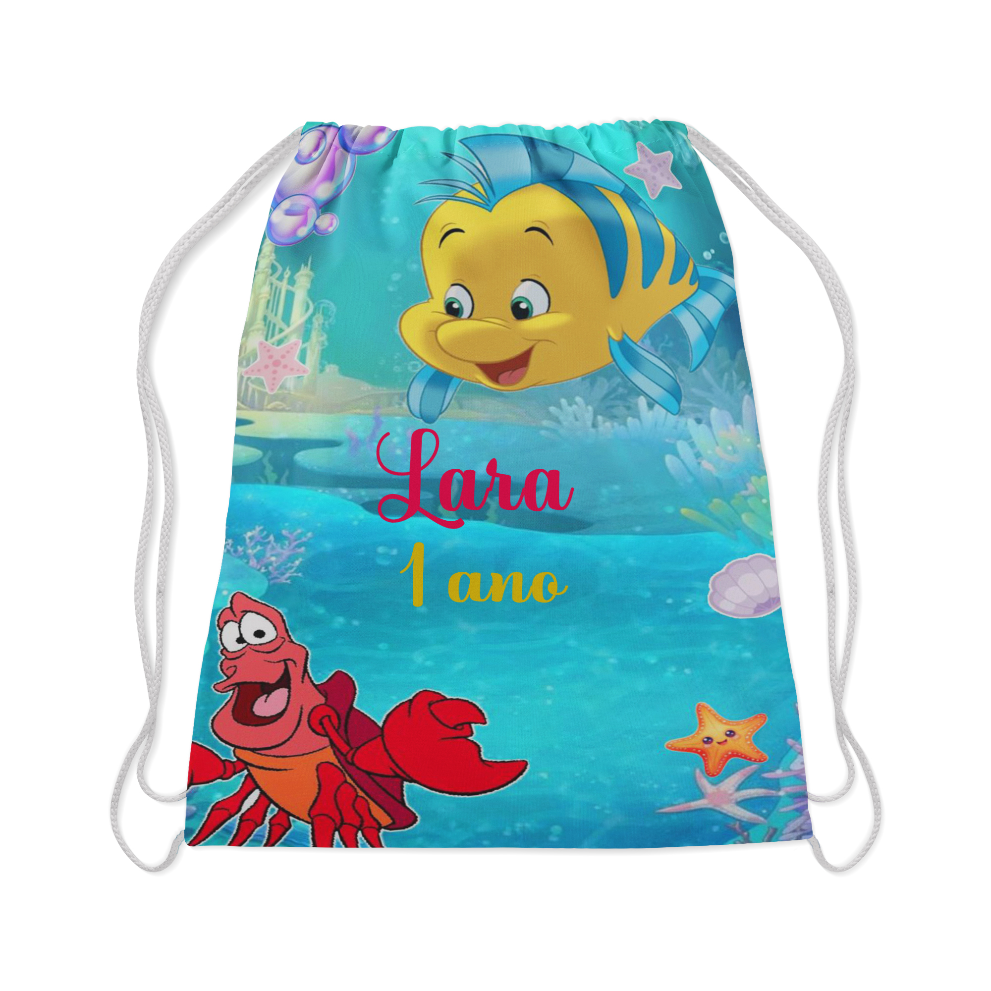 10 Mochilinha Personalizada do Linguado e Sebastian da Sereia Ariel