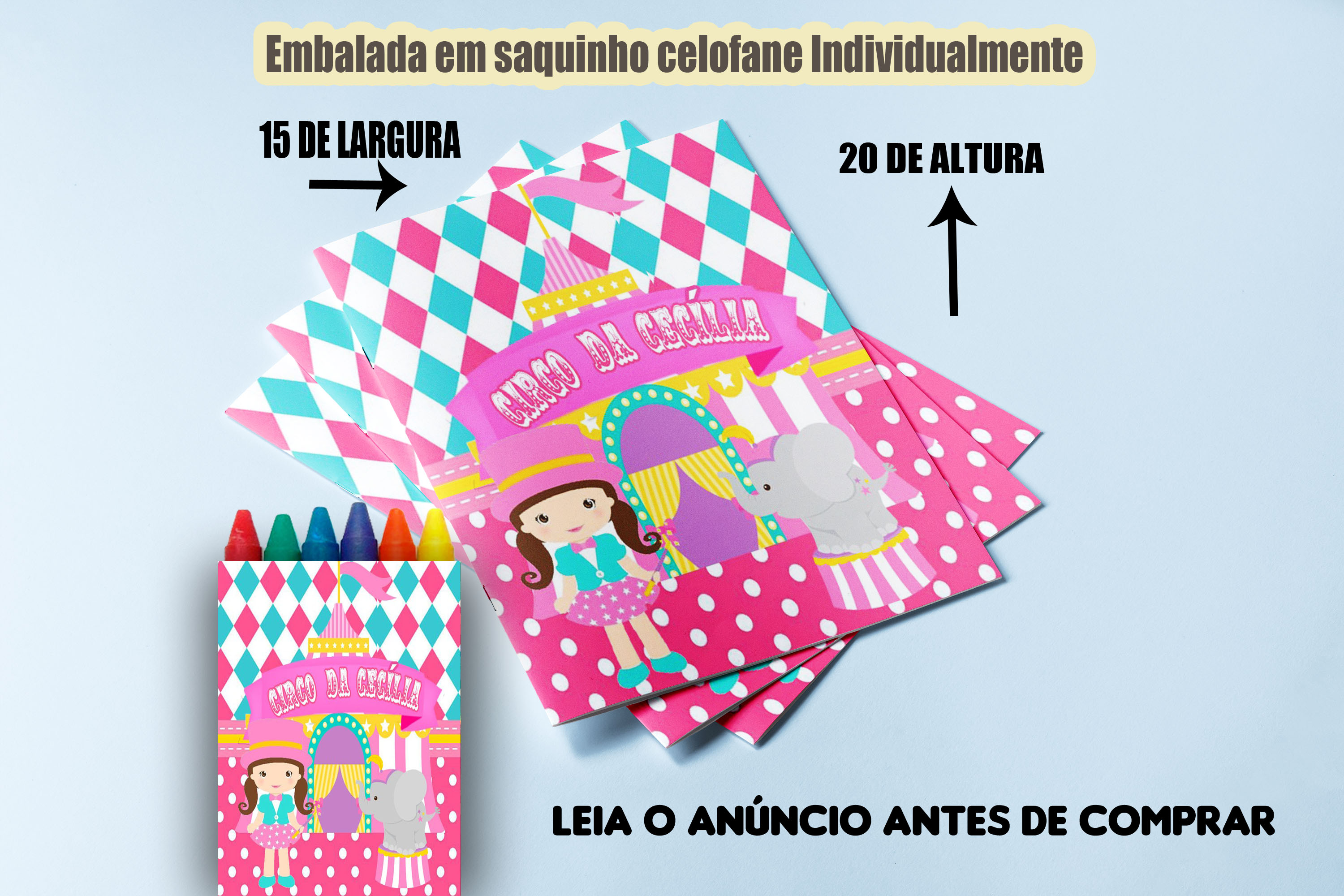 Kit Revista de colorir e giz de cera lembrancinhas do Circo Rosa