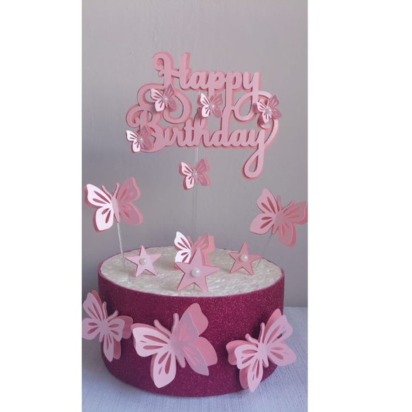 Topo de Bolo Borboletas Happy Birthday
