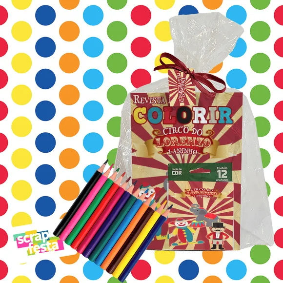 Revista Colorir+embalagem+lápis de Cor Festa Circo Vintage