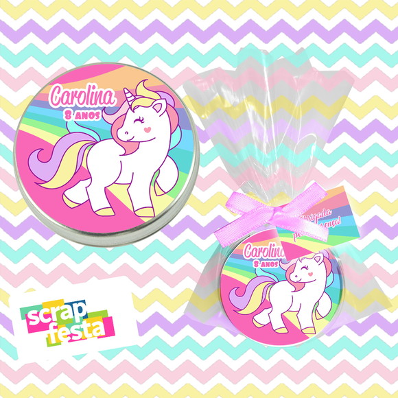 Latinha, Saquinho, Fitinha e Tag Personalizada Unicórnio