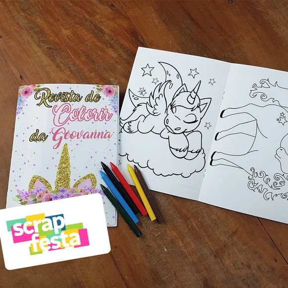 Revista Colorir + Giz de Cera Festa Unicórnio