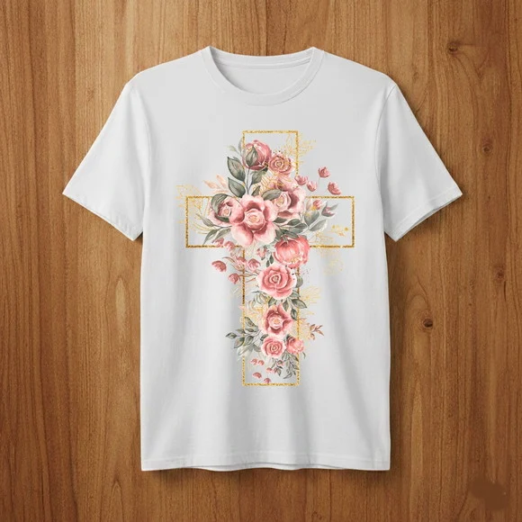 Camiseta Cruz Floral Cristã Religiosa - foto 1