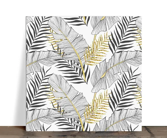 Azulejo Decorativo Folhas Tropicais P&b com Toque Dourado
