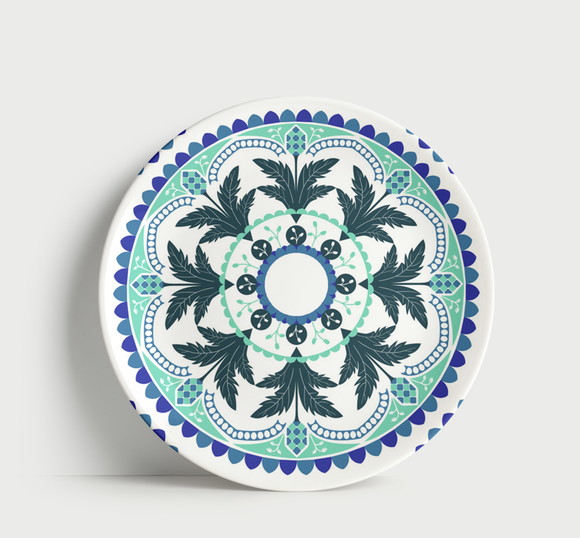Prato Decorativo Mandala Botânica Azul e Menta 21cm Porcelan
