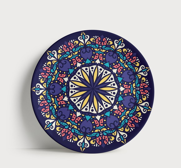 Prato Decorativo Mandala Real Marinho e Amarelo 21cm Porcela